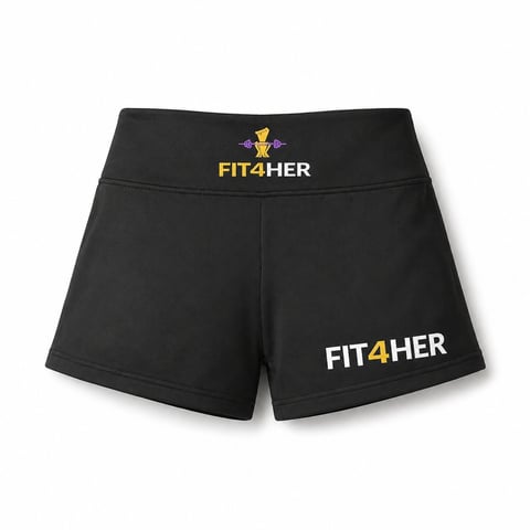 Black FIT4HER athletic shorts with brand logo and text on waistband and thigh