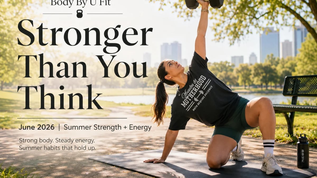 Woman performing a side plank exercise outdoors in a park with city skyline in background. Magazine cover for Body by U Fit featuring summer strength training.