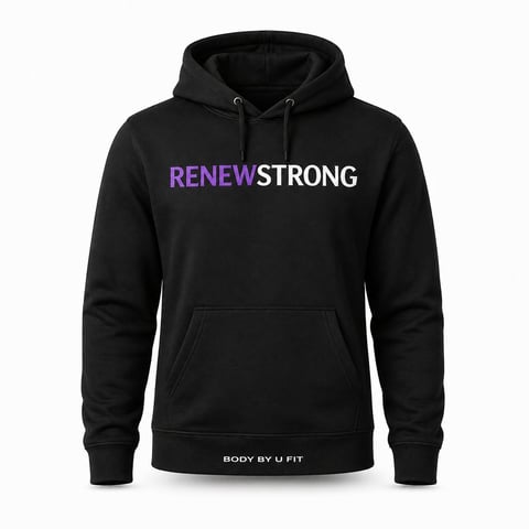 Black hoodie with RENEWSTRONG text in purple and white, featuring BODY BY U FIT branding on the front pocket area