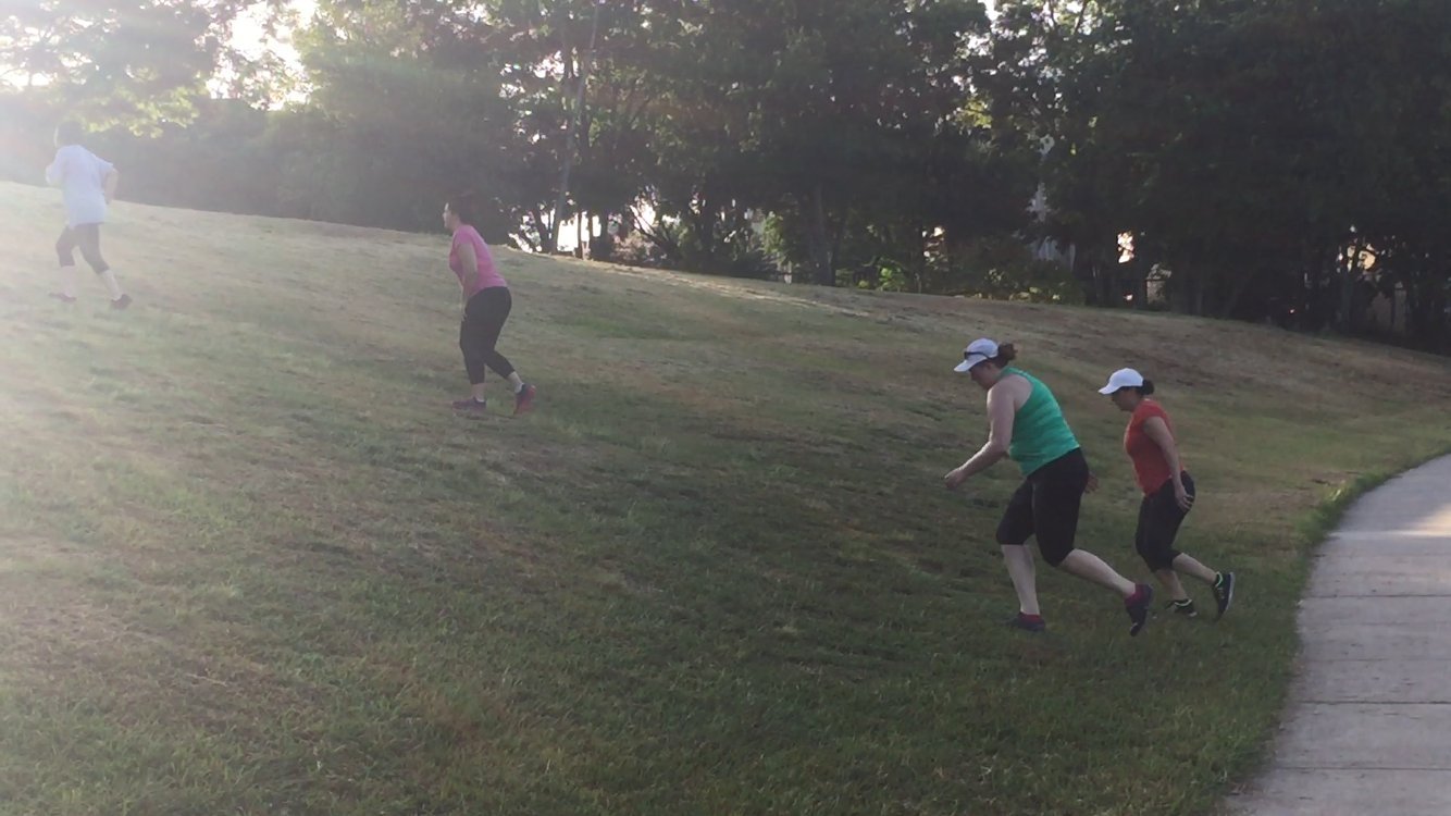 Group of people jogging and exercising together on a grassy park area with trees in the background