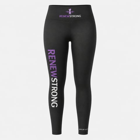 Black leggings with RENEW STRONG logo at waistband and purple RENEW STRONG text down left leg