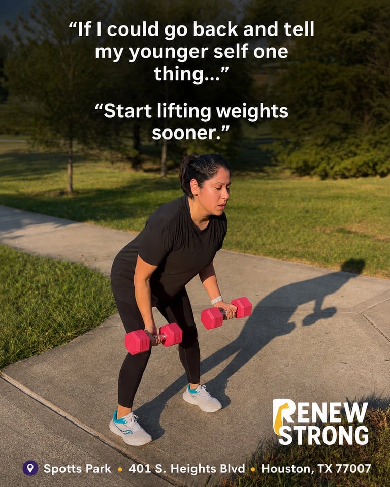 Woman performing dumbbell exercise outdoors with motivational quote about starting strength training early