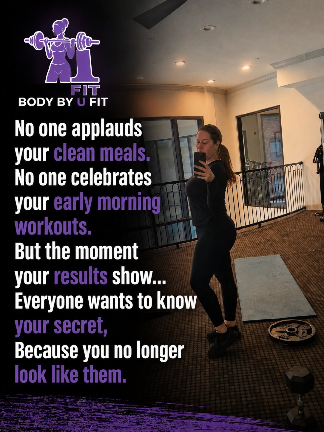 Body by U Fit gym promotional image with woman in workout attire and motivational text about fitness transformation results