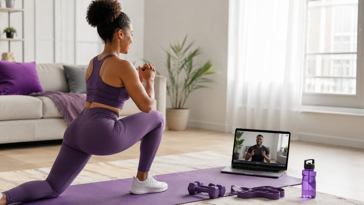 Woman in purple workout attire doing a lunge exercise on a mat while following an online fitness instructor on a laptop in a bright living room
