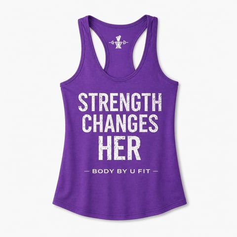 Purple womens racerback tank top with white text reading Strength Changes Her and Body by U Fit logo