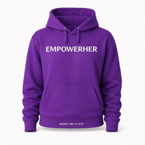 Purple hoodie with EMPOWERHER text on chest and BODY BY U FIT on bottom