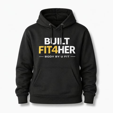 Black hoodie with white and gold text reading Built Fither Body by U Fit