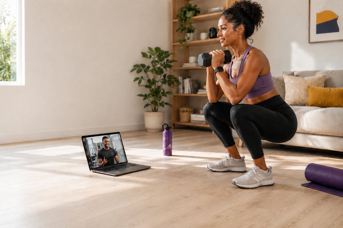 Woman doing a squat exercise in her living room while following an online fitness class on a laptop