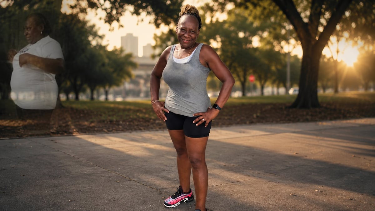 Woman jogging on a tree-lined park path during golden hour sunset